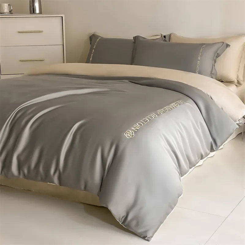 DecorBites™ Cotton Embroidery Bedding Set, 4Pcs Duvet Cover Kit for Double Bed