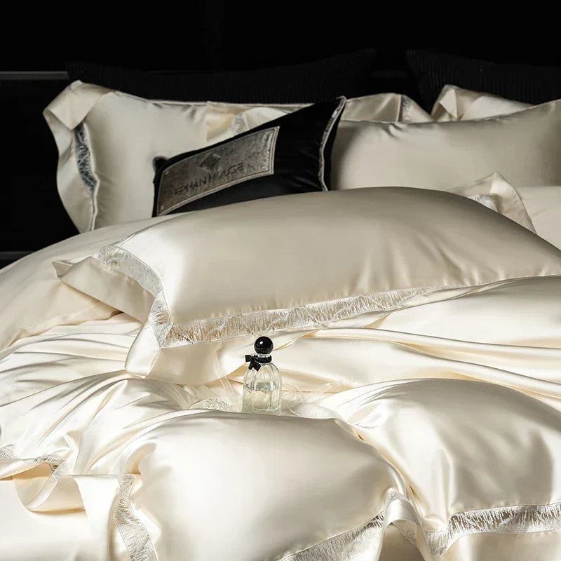 DecorBites™ Luxe Brocade & Egyptian Cotton Bedding Set with Hollow Lace Edge