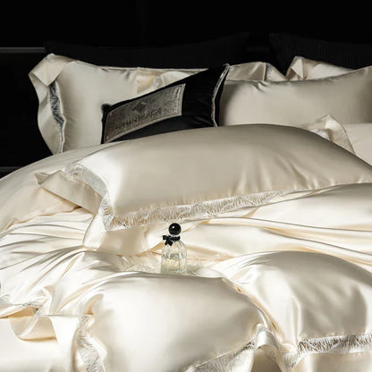 DecorBites™ Luxe Brocade & Egyptian Cotton Bedding Set with Hollow Lace Edge