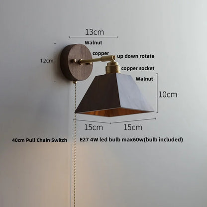 DecorBites™ Clear Glass LED Wall Light Fixture Walnut Wood Pull Chain Switch Nordic Modern Wall Lamp