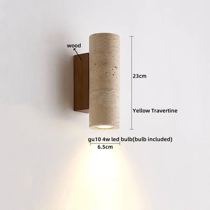 DecorBites™ LED Wall Sconce Yellow Travertine Stone Bedroom Study Cafe Wood Base Stair Light