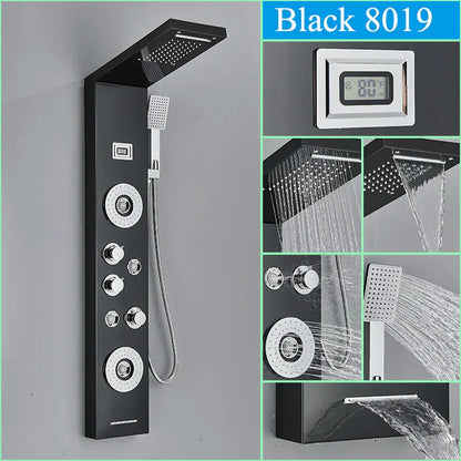 DecorBites™ Black Shower Panel Column Wall Mount Rainfall Waterfall Faucet Hot Cold Mixer Tap
