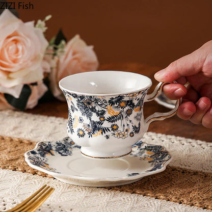 DecorBites™ Blue & White Porcelain Classic Coffee Mug Set Gold Rim Tea Cup Saucer