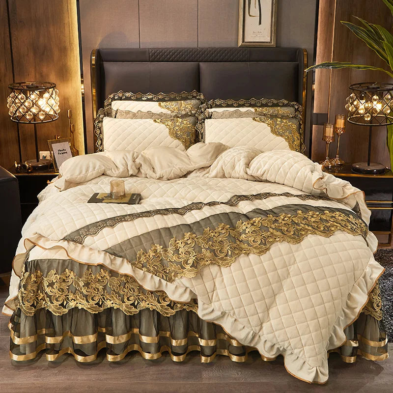 DecorBites™ Black Gold Luxury Crystal Velvet Bedding Set with Quilted Embroidery & Ruffles