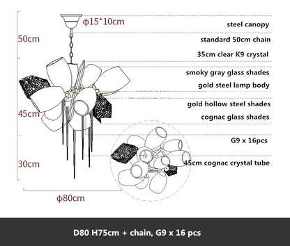 DecorBites™ Glass Shades LED Chandelier Stairs Art Metal Lighting Luxe Chain Hanging Lamp