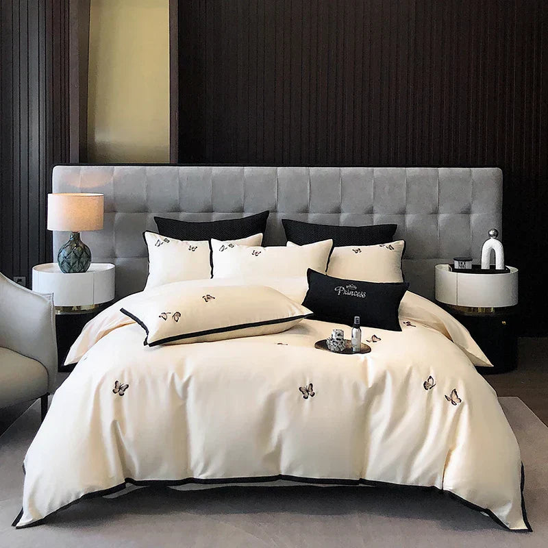 DecorBites™ 600TC Egyptian Cotton Butterfly Embroidery Bedding Set: Duvet, Sheet, Pillowcases
