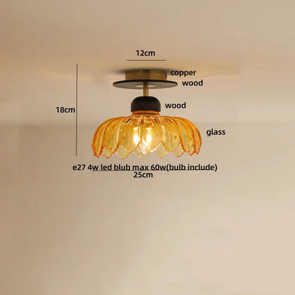 DecorBites™ Wood Copper LED Ceiling Light Amber Glass Plafond Lamp