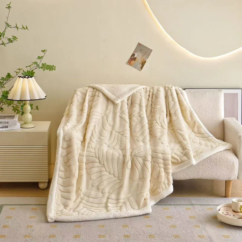 DecorBites™ Banana Leaf Jacquard Faux Rabbit Fur Double Layer Lamb Bedspread