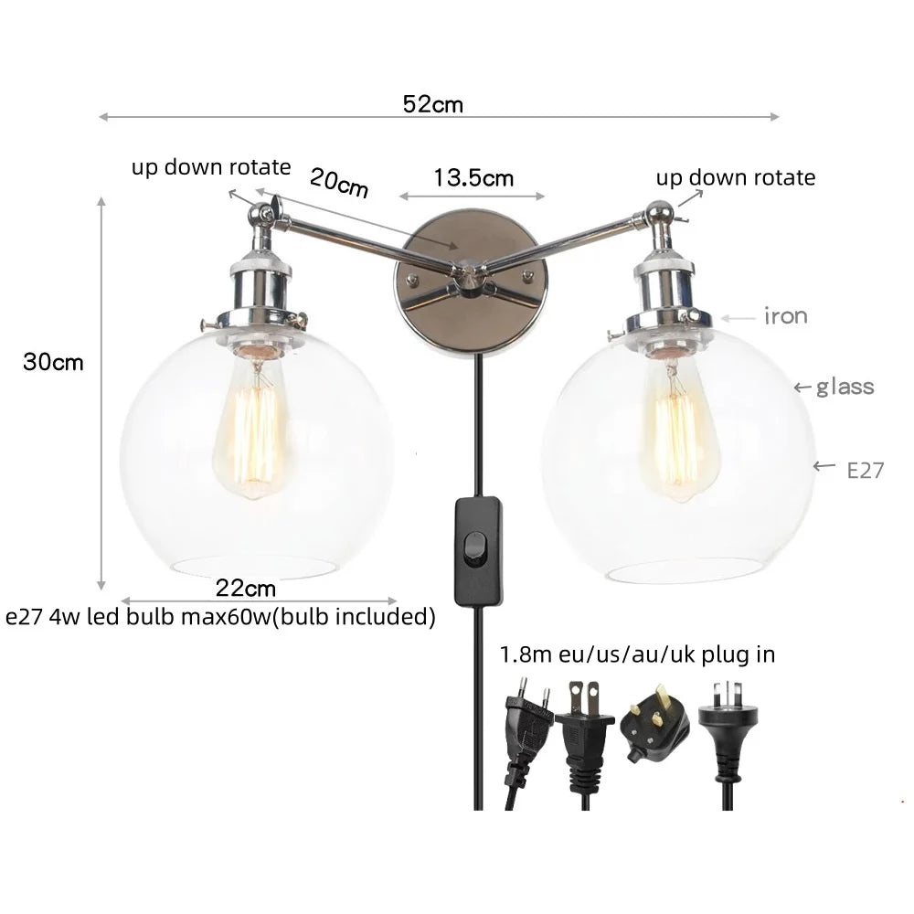 DecorBites™ 2 Head LED Wall Lamps Iron Glass Bedroom Stair Light Fixtures