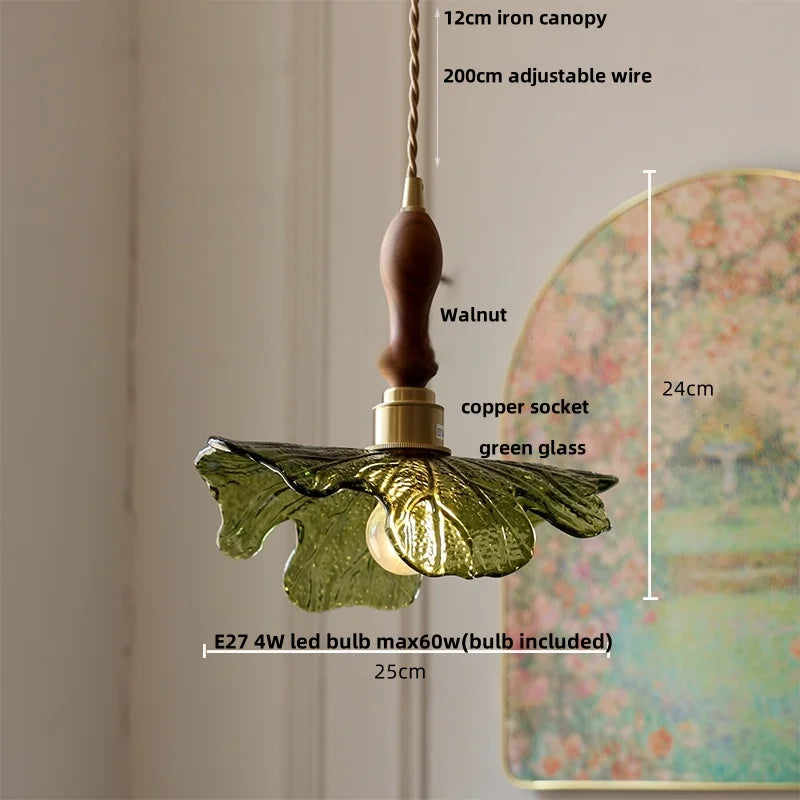 DecorBites™ LED Pendant Lights Green Glass Copper Socket with Walnut Wood - Nordic Modern