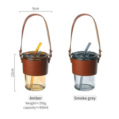 DecorBites™ 450ml Glass Coffee Cup with Lid and Straw | Stylish Heat-Resistant Glass Mug