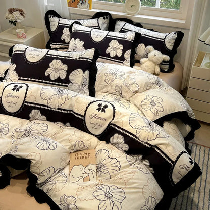 DecorBites™ Black White Printed Bed Skirt Bedding Set - Cozy Skin Friendly Linens