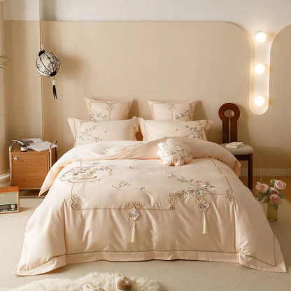 DecorBites™ Luxe Flowers Embroidery 1000TC Egyptian Cotton Bedding Set with 2 Pillowcases