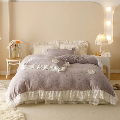 ™ Luxe Carved Velvet Lace Ruffles Bedding Set with Quilted Bed Skirt