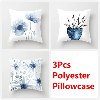 DecorBites™ Blue Ink Flower Cushion Cover Set - Nordic Style Sofa Pillowcase Trio for Home Decoration