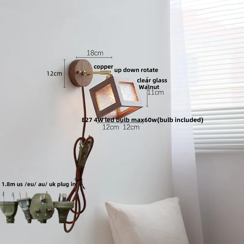 DecorBites™ LED Walnut Wood Wall Light Fixture Clear Glass Sconce Bedside Lamp