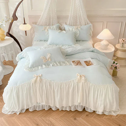 DecorBites™ Korean Lace Bow Bedding Set: Luxury Princess Quilt Cover for Girls Wedding Home Textiles