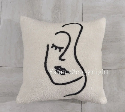 DecorBites™ Lambswool Face Embroidered Cushion Cover 45x45 - Beige White Abstract Art Pillowcase