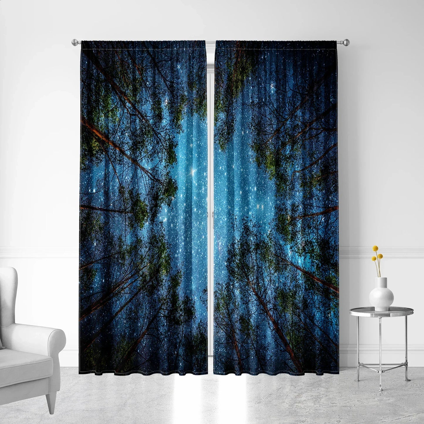 DecorBites™ Dark Blue Forest & City Night View Modern Printed Curtains