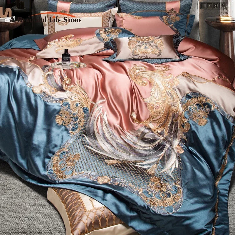 DecorBites™ Luxe Gold Embroidery Palace Style Bedding Set - Duvet, Sheet, Pillowcases