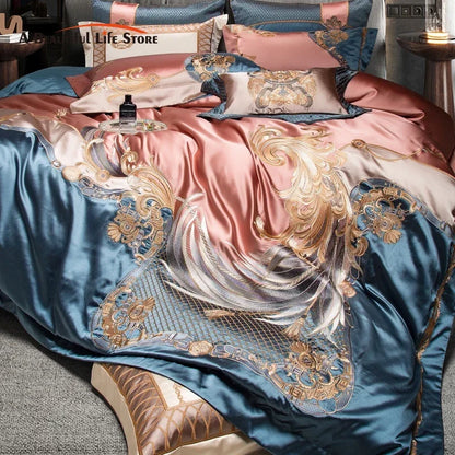 DecorBites™ Luxe Gold Embroidery Palace Style Bedding Set - Duvet, Sheet, Pillowcases
