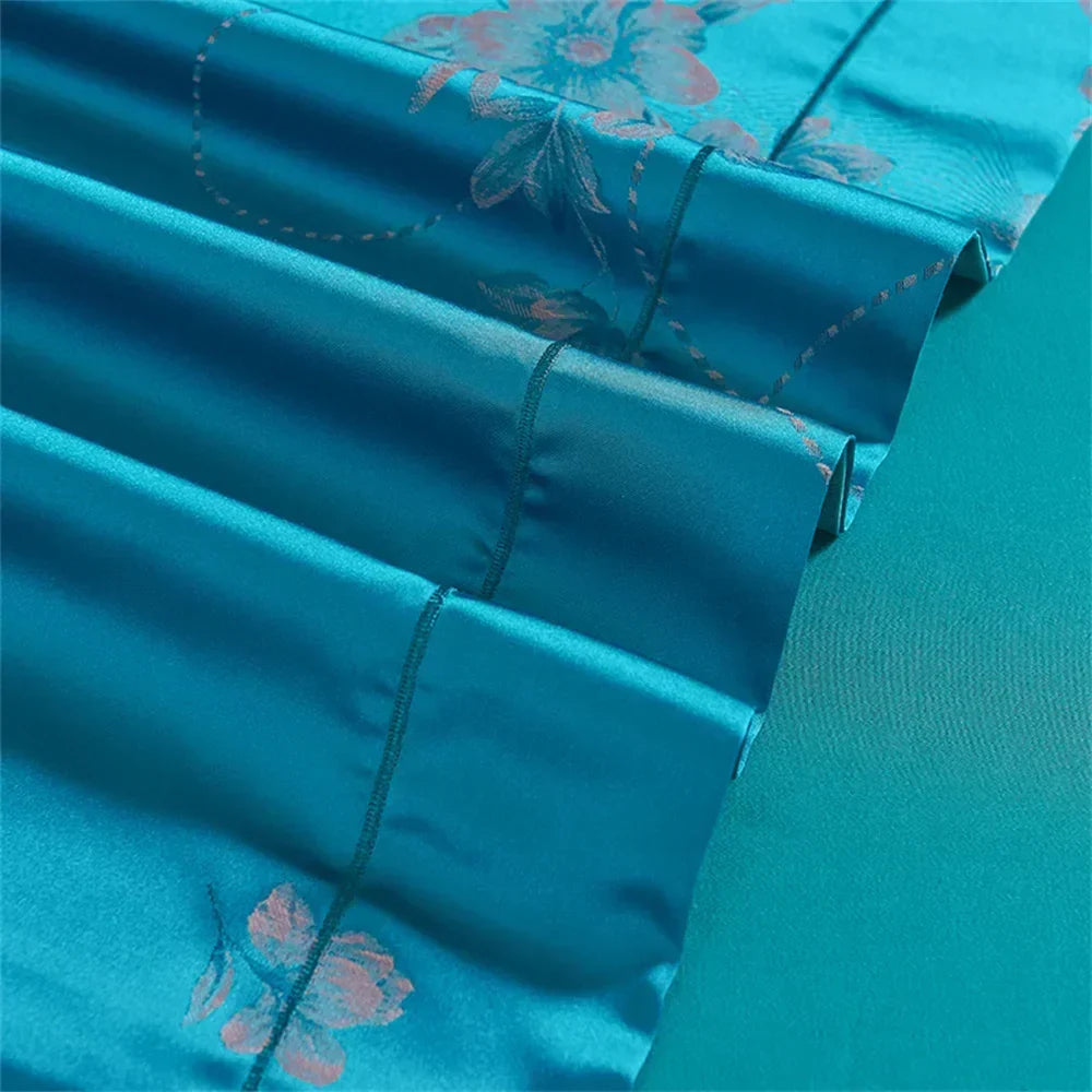DecorBites™ Blue Satin Jacquard Embroidery Bedding Set: King/Queen Size Bed Lines, Duvet Cover, Pillowcase
