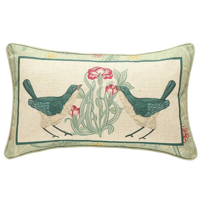 DecorBites™ French Linen Flax Lumbar Pillow Cover Flower Birds Print, Fairy Green