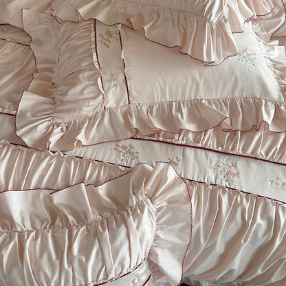 DecorBites™ 1000TC Cotton Flowers Embroidery Lace Ruffles Bedding Set