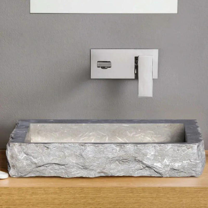 Turkish Limestone Vessel Sink Hand Chiseled Exterior Honed Gray Natural Stone Rectangular Bathroom Vanity