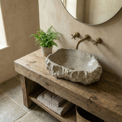 Seagrass Fossil Limestone Vessel Sink 16x20 Rustic Natural Stone Polished Interior