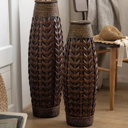 DecorBites™ Bamboo Woven Vase Rattan Flower Glass Arrangement Dried Flower Basket Living Room Decor