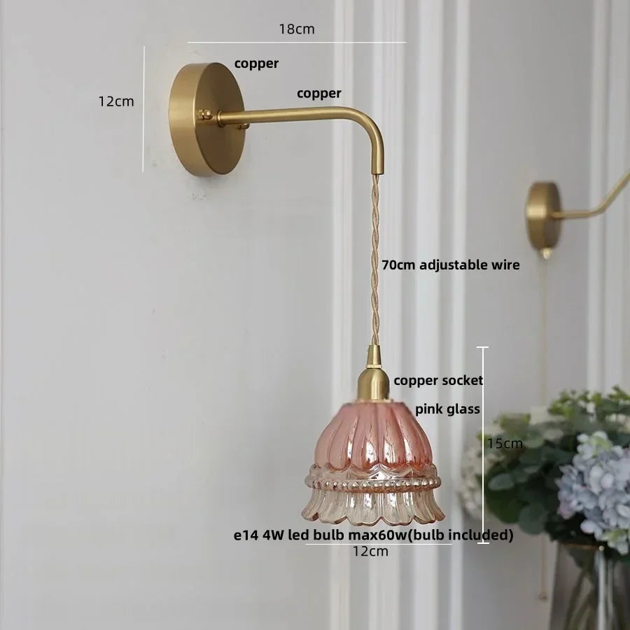 DecorBites™ Amber Glass LED Wall Light Pull Chain Switch Modern Flower Sconce