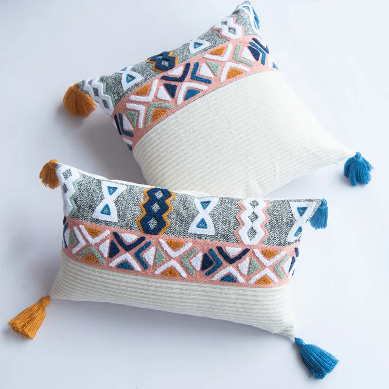 DecorBites™ Geometric Embroidered Cushion Cover with Tassels for Home Decor
