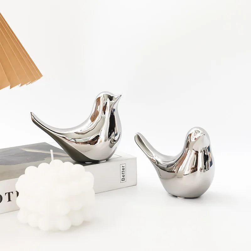 DecorBites™ Golden Silver Bird Figurines Modern Ceramic Statues - Home Decor Wedding Gifts