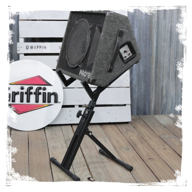Guitar Combo Amplifier Stand by GRIFFIN | PA Speaker Karaoke Monitor Holder | Low Profile Pro-Audio Amp Tilt Back Mount Stand | Adjustable Speaker Cabinet Stage Equipment Platform Riser & Studio Chair