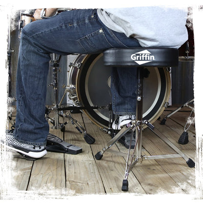 Drum Throne Stand by GRIFFIN | Padded Drummer’s Seat | Comfortable Drum Set Percussion Chair for Adults | Professional Musicians Guitar Stool Double Braced Hardware for Practice with Adjustable Height