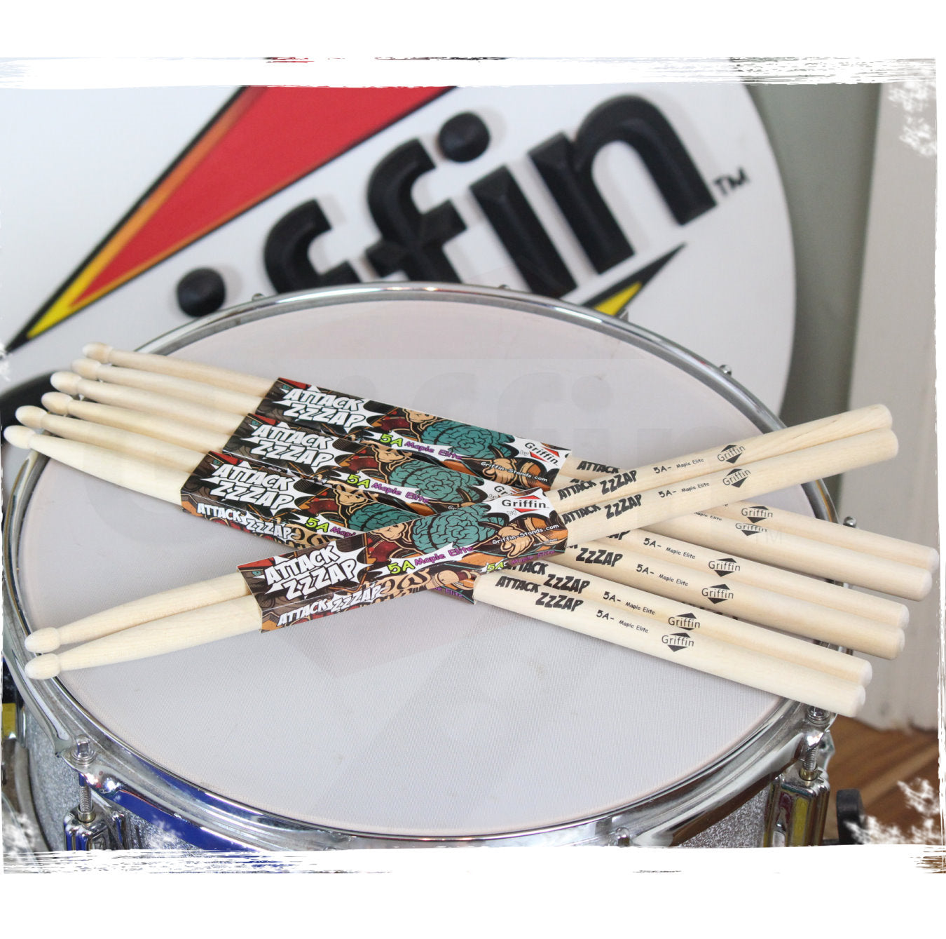 GRIFFIN Attack Zzzap Drum Sticks - 4 Pairs of Select Elite Maple Wood Size 5A - Premium Balanced, Level and Straight - Drummers Percussion Classic Pure Grit