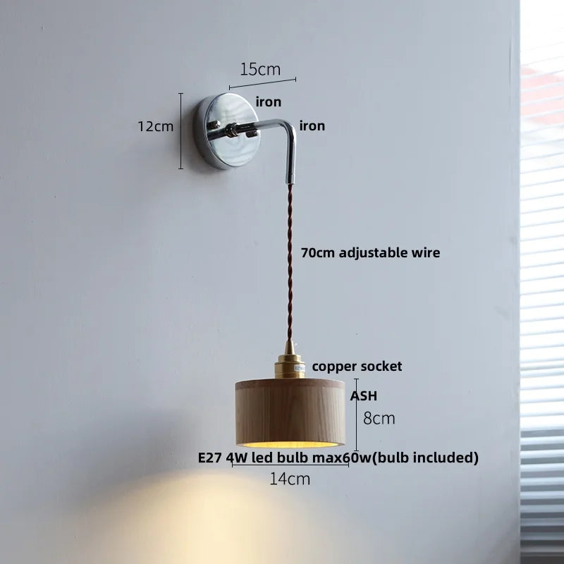 DecorBites™ Ash Wood LED Wall Light with Pull Chain Switch, Japanese Style Bedside Lamp