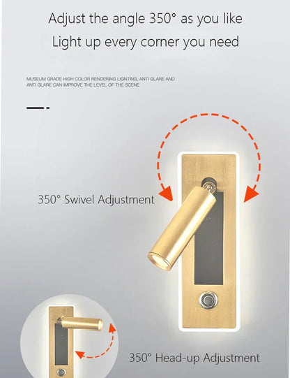 DecorBites™ Dimmable LED Wall Sconce Rotation Reading Light for Bedroom Living Room