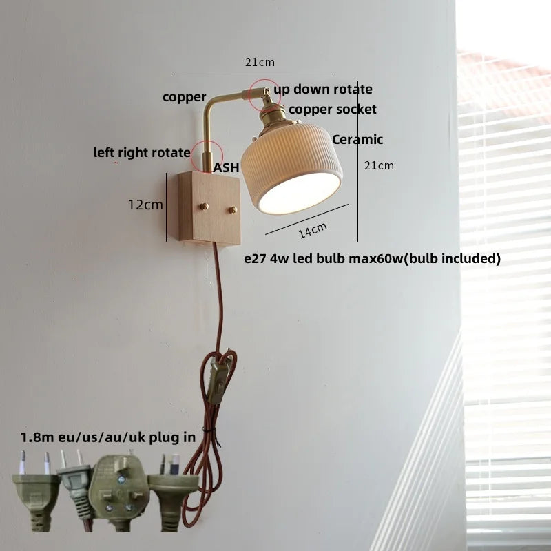 ™ Globe Ceramic Walnut Wood Wall Light with Pull Chain Switch and Rotatable Design