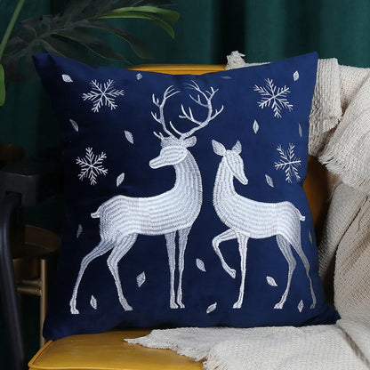 DecorBites™ Christmas Elk Embroidered Cushion Cover | Gold & Silver Stamped Holiday Decor
