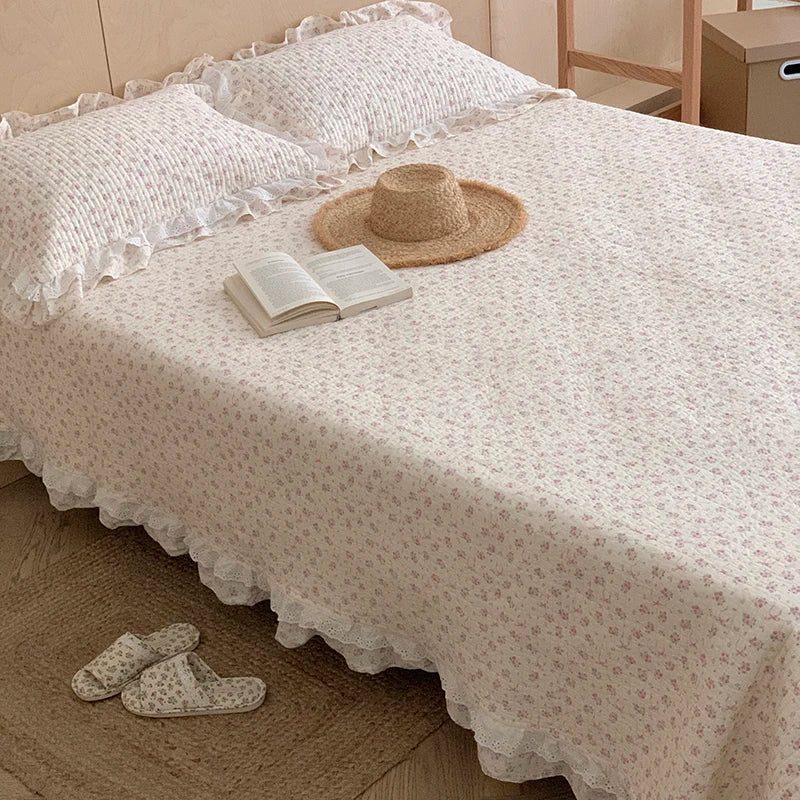 DecorBites™ Korean Princess Floral Lace Ruffles Bedspread Set with 100% Cotton Quilting