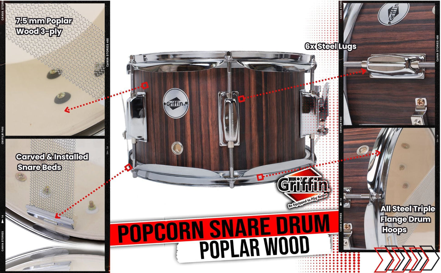 GRIFFIN Firecracker Snare Drum | Acoustic Popcorn 10" x 6" Poplar Mini Wood Shell & Black Hickory PVC | Concert Marching Percussion Musical Instrument with Deluxe Snare Throw Off, Drummers Key & Head