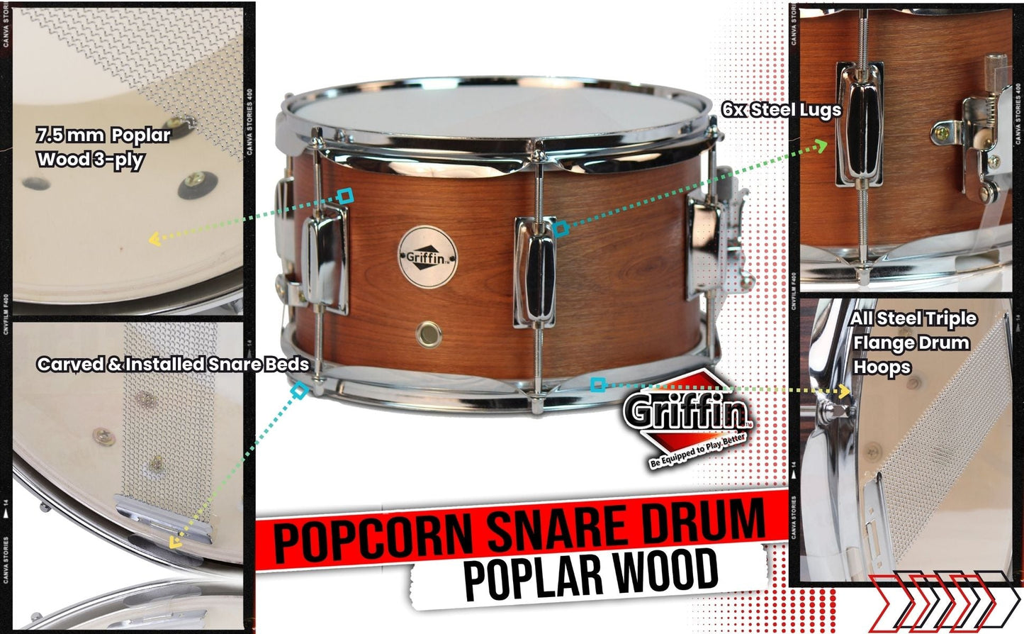 Popcorn Snare Drum by GRIFFIN | Soprano Firecracker 10" x 6" Poplar Wood Shell with Hickory PVC | Concert Percussion Musical Instrument with Drummers Kit Key & Deluxe Snare Strainer Throw Off Set
