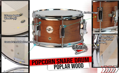 Popcorn Snare Drum by GRIFFIN | Soprano Firecracker 10" x 6" Poplar Wood Shell with Hickory PVC | Concert Percussion Musical Instrument with Drummers Kit Key & Deluxe Snare Strainer Throw Off Set