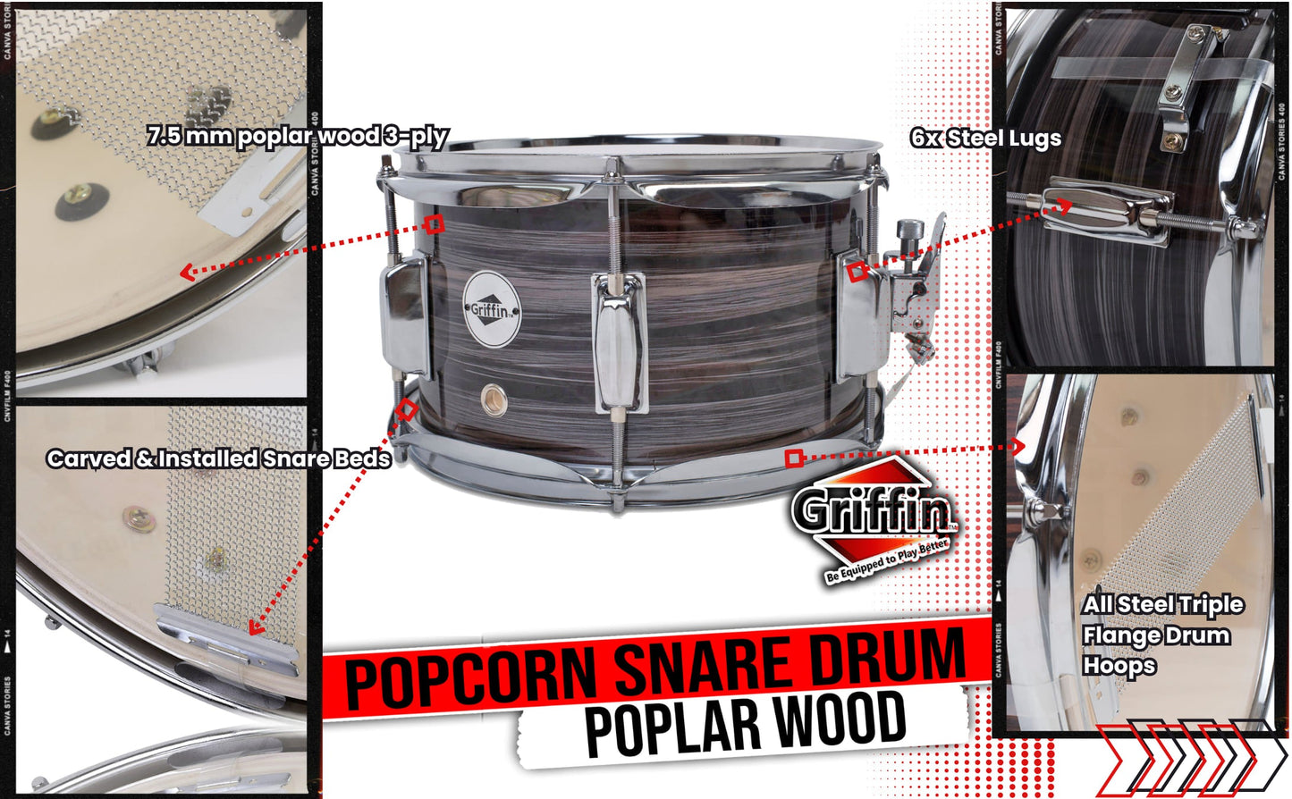 Popcorn Snare Drum by GRIFFIN | Firecracker Acoustic 10" x 6" Poplar Shell with Zebra Wood PVC | Soprano Mini Concert Marching Percussion Musical Instrument with Snare Throw Off, Drummers Key & Head