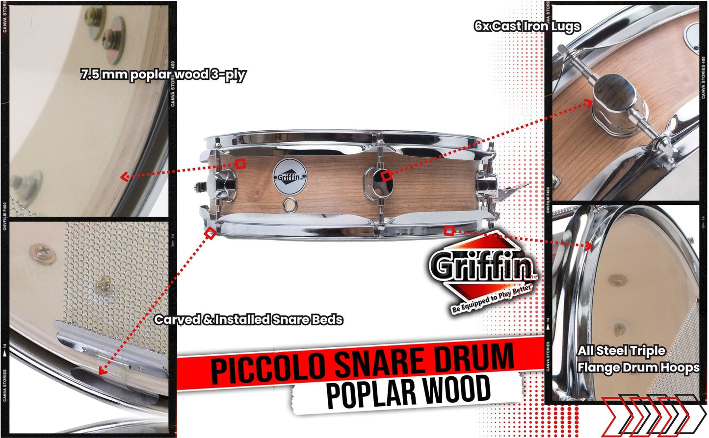 Piccolo Snare Drum 13" x 3.5" by GRIFFIN | 100% Poplar Shell with Oak Wood Finish & Coated Drum Head | Professional Marching Drummers Deluxe Percussion Instrument with Bright Tone & Brilliant Attack