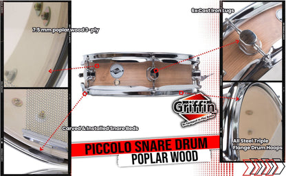 Piccolo Snare Drum 13" x 3.5" by GRIFFIN | 100% Poplar Shell with Oak Wood Finish & Coated Drum Head | Professional Marching Drummers Deluxe Percussion Instrument with Bright Tone & Brilliant Attack