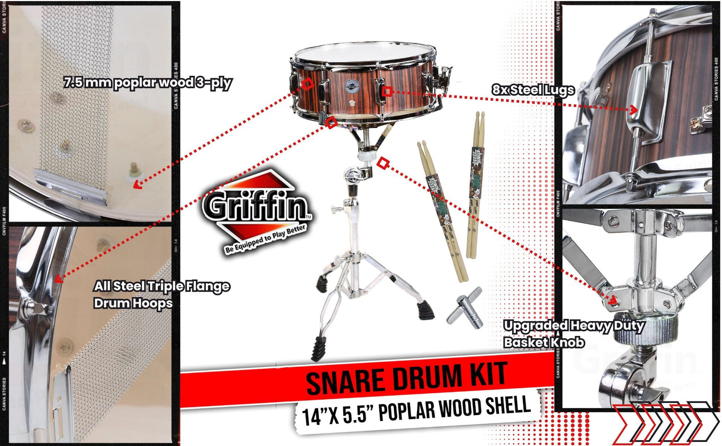 Snare Drum Set by GRIFFIN - Includes Snare Stand, 2 Pairs of Maple Drum Sticks & Drum Key | Wood Shell Drum Set, Chrome Holder Acoustic Marching Percussion Musical Instrument Practice Package