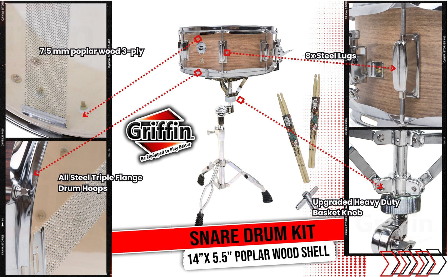 GRIFFIN Snare Drum Kit with Snare Stand, 2 Pairs of Maple Drum Sticks & Drum Key | Wood Shell Drum Set, Percussion Musical Instrument Practice Package | 8 Metal Tuning Lugs & Snare Strainer Throw Off